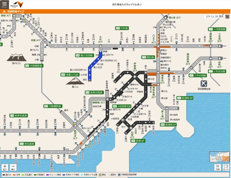 Image for the Tweet beginning: 【雪による #通行止め 一部解除】11時30分現在
 ご覧の区間の通行止めは解除になりました。
・区間：＃新東名 新清水JCT～新御殿場IC（上り線）
・区間：＃新東名